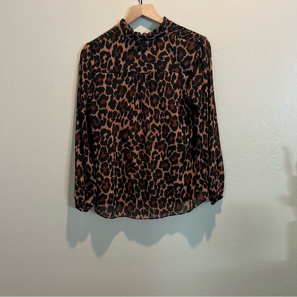 J.Crew Smocked Popover Top Leopard Crinkle Chiffon Blouse - Picture 6 of 8